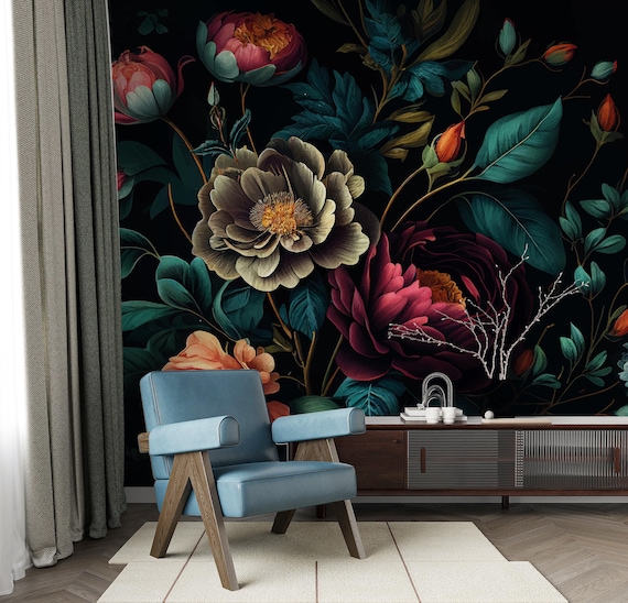 Dark Floral Wallpaper Mural: Moody Peony Blooms, Vintage Botanical Wall Art