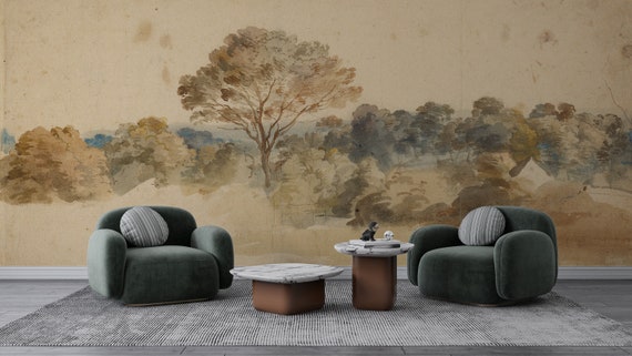 Trees and Bushes Wallpaper, Watercolor Scenic Landscape Wall Mural, Traditional and Peel and Stick Wallpaper