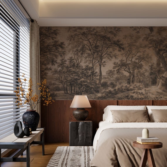 Antique Wooded Landscape Wallpaper, Drawing Style Sepia Toned Artwork, Traditional and Peel and Stick Wallpaper