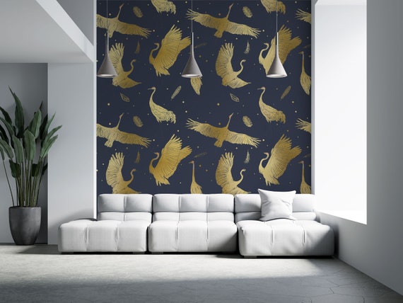 Gold Crane Birds Wall Mural, Flying Cranes Wallpaper, Traditional and Peel and Stick Wallpaper