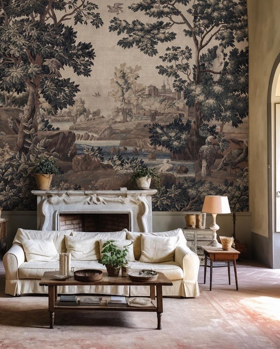 Vintage Forest Landscape Wallpaper - Tapestry Birds, Trees Scene Wall Mural