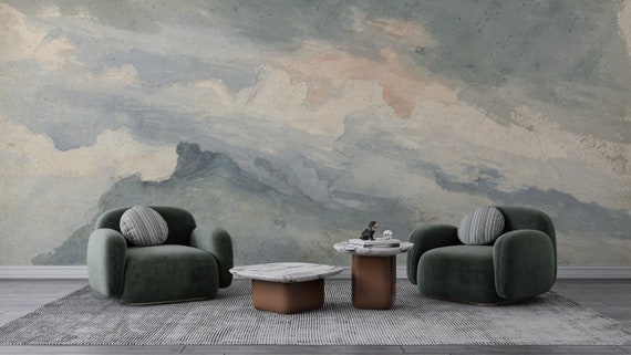 Clouded Mural Wallpaper, Sky Scene Wallpaper, Traditional and Peel and Stick Wallpaper