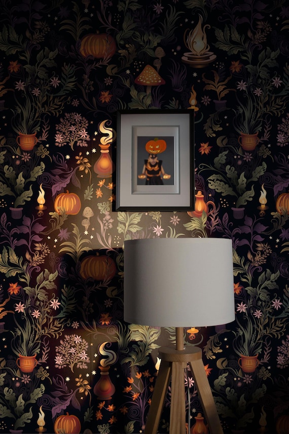 Dark Halloween Botanical Wallpaper, Mystical Witchy Themed Wall Decor, Pumpkins, Candles, Mushrooms And Magic Plants, Removable Wallpaper