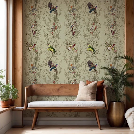 Vintage Bird Wallpaper, Botanical Floral Wall Mural, Exotic Birds and Flowers Print, Traditional and Peel and Stick Wallpaper