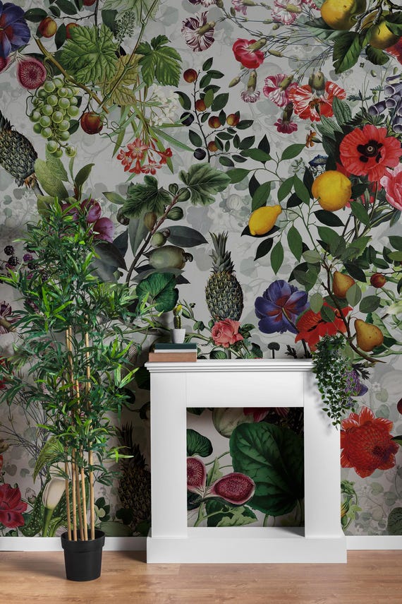 Tropical Fruits Floral Wallpaper, Colorful Jungle Vintage Botanical Garden Wall Mural, Exotic Peel and Stick Decor Plants and Flowers