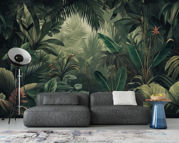 Lush Tropical Jungle Wallpaper Mural, Exotic Rainforest Wall Art with Botanical Leaves, Dark Green Nature Inspired Forest Decor