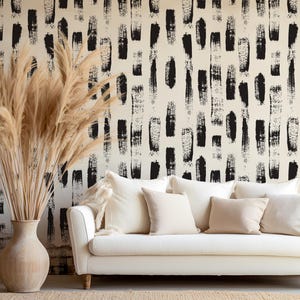 Minimalist Black and White Wallpaper, Black Brush Strokes, Abstract Background, Traditional and Peel and Stick Wallpaper