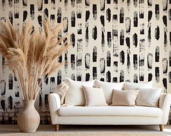 Minimalist Black and White Wallpaper, Black Brush Strokes, Abstract Background, Traditional and Peel and Stick Wallpaper