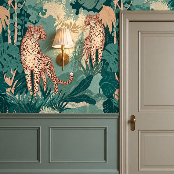 Teal Jungle Leopard Wallpaper - Blush Big Cats in Monstera Leaves, Tropical Botanical Mural