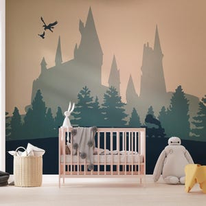 Muurschildering tovenaarskasteel, magisch kinderkamerdecor, aangepaste formaten beschikbaar - traditioneel en Peel-and-Stick-behang