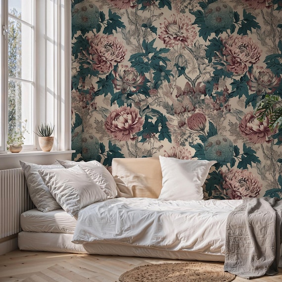 Vintage Pink Floral Wallpaper | Large Peony Botanical Peel & Stick Wall Mural