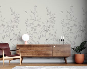 Chinoiserie Bird and Blossom Mural Wallpaper: Pale Gray Oriental Tree Design