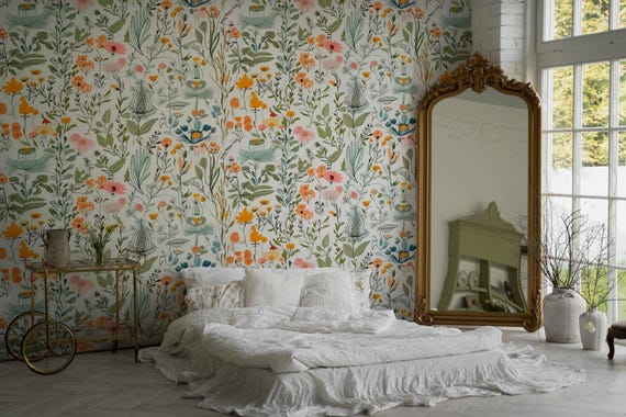 Colorful Wildflower Garden Wallpaper, Botanical Flower Wall Mural, Leaves and Floral Garden Pattern Wall Decor, Boho Cottagecore Wall Decor