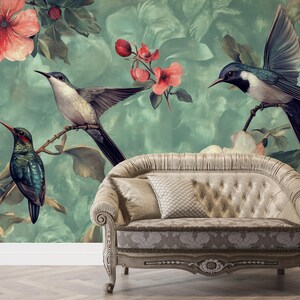 Carta da parati con uccelli e fiori tropicali ad acquerello, elegante decorazione murale floreale ispirata alla natura vintage, carta da parati Cottagecore, sfondi personalizzati