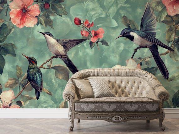 Watercolor Birds and Tropical Flowers Wallpaper, Vintage Elegant Nature Inspired Floral Wall Decor, Cottagecore Walpaper, Custom Wallpapers