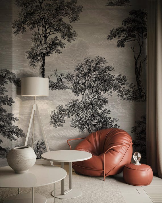Black and White Forest Wallpaper - Engraving Woodland Wallpaper, Toile de Jouy Tree Wall Mural