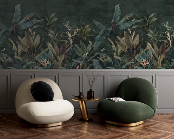 Dark Tropical Jungle Wallpaper, Botanical Wall Mural with Exotic Plants and Birds, Traditional and Peel and Stick Wallpaper