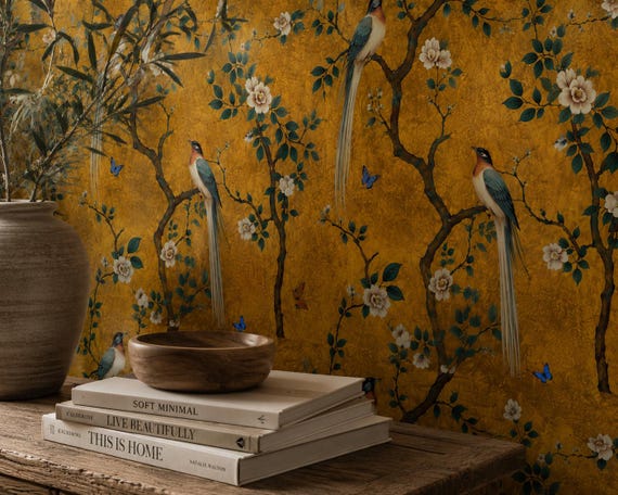 Golden Botanical Wallpaper - Gold Chinoiserie Bird and Blossom Wall Mural