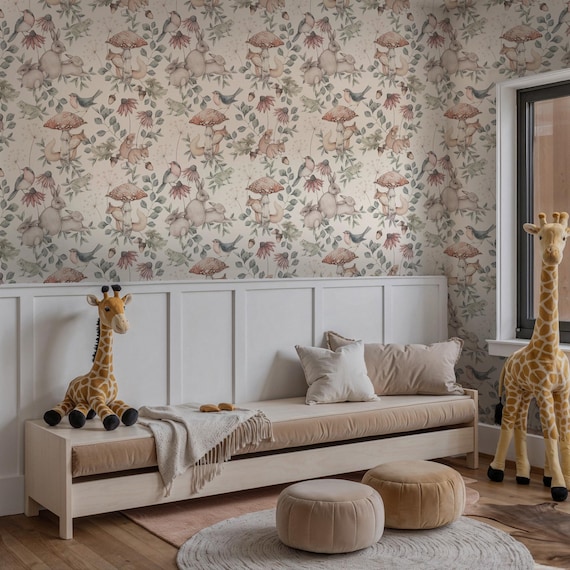 Mushroom and Rabbit Nursery Wallpaper, Cute Birds Squirrels Frogs Peel and Stick Murals, Kids Room Nursery Removable Wallpaper