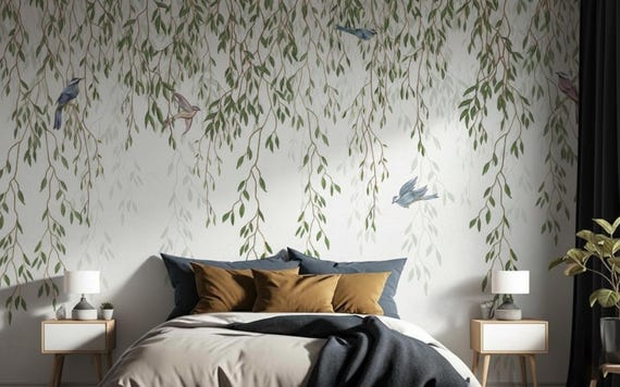Willow Leaves and Birds Wallpaper - Peel and Stick or Traditional