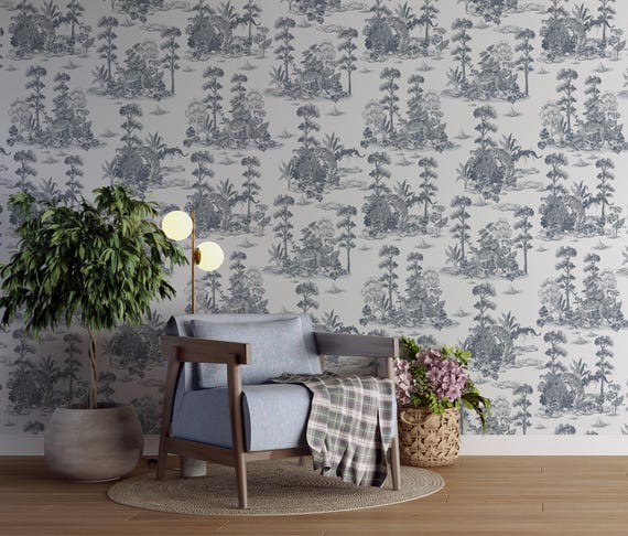 Gray Toile Jungle Wallpaper - Tigers and Leopards  Tropical Forest Design Peel and Stick Mural