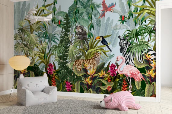 Animals in The Tropical Jungle Wallpaper, Botanic Animals Among Plants, Traditional and Peel and Stick Wallpaper