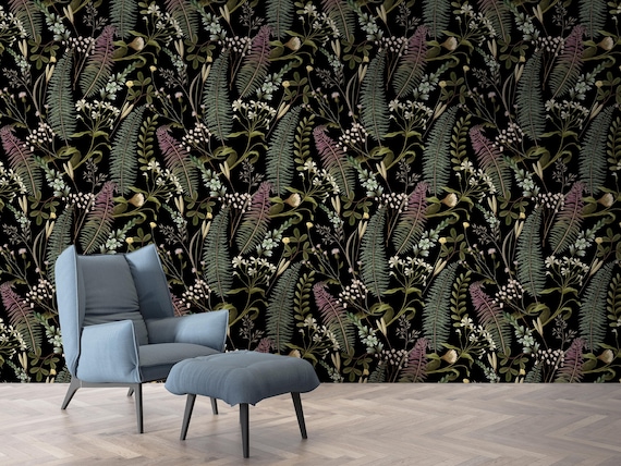 Dark Fern Botanical Wallpaper, Vintage Green Foliage Peel and Stick, Elegant Black Background Mural, Removable Wallpaper