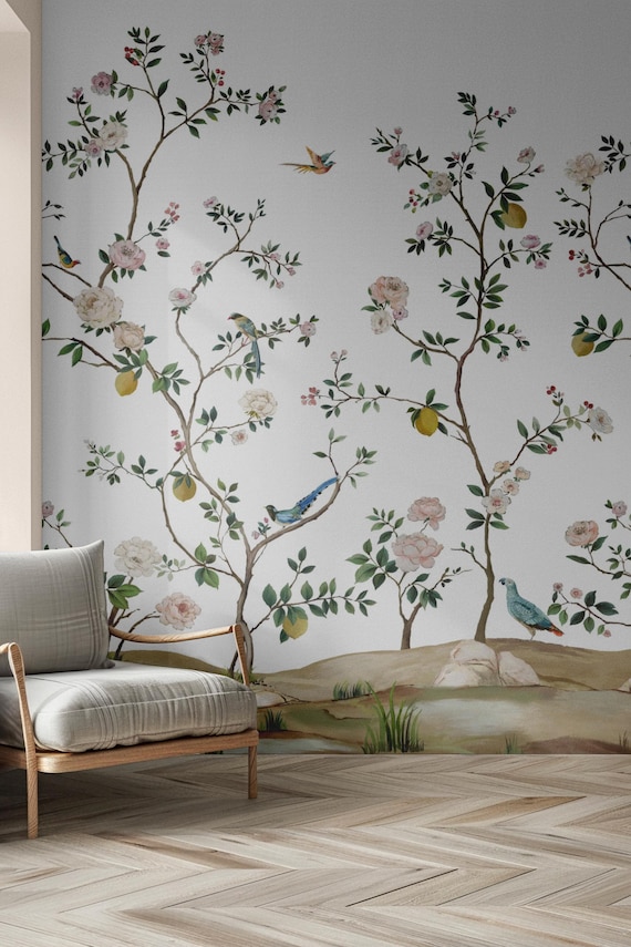 Chinoiserie Garden Wallpaper Mural, Vintage Floral Wall Art with Birds and Blossoms, Elegant Botanical Nature Scene Wall Decor