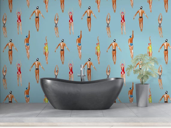 Retro Swimmers Wallpaper Mural, Colorful Swimsuit Pool Wall Art, Mid Century Beach Style Decor, Vintage Summer Illustration Wallcovering