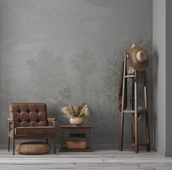 Vintage Landscape Wallpaper in Soft Colors, Monochrome Nature Scene Mural, Forest and Tree Mural in Classic Sophisticated Style