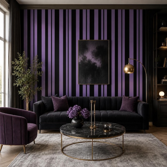 Halloween Stripe Wallpaper, Witchy Purple Black Gothic Wall Mural, Haunted Mansion Peel and Stick