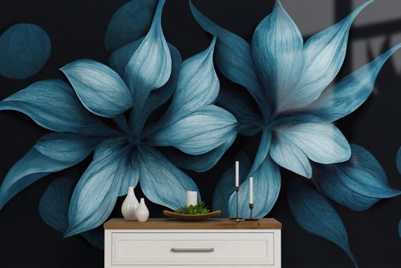 Dark Floral Wallpaper Featuring Large Blue Petals, Moody Botanical Wall Mural, Elegant Midnight Bloom Wall Art To Decorate A Living Room