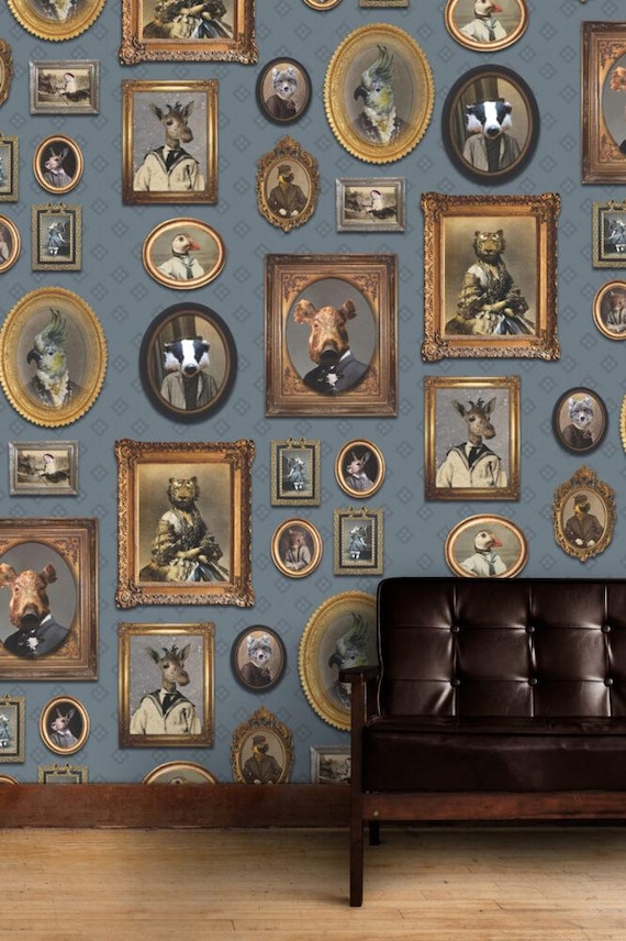 Vintage Animal Portrait Wallpaper, Quirky Victorian Style Wall Mural,Eccentric Gallery Wall Decor,  Traditional and Peel and Stick Wallpaper