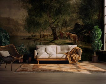 Vintage Countryside Landscape Wallpaper - Pastoral River Scene with Trees and Cattle Mural