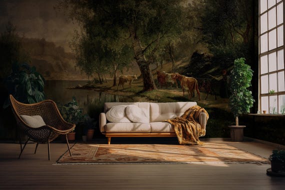 Vintage Countryside Landscape Wallpaper - Pastoral River Scene with Trees and Cattle Mural