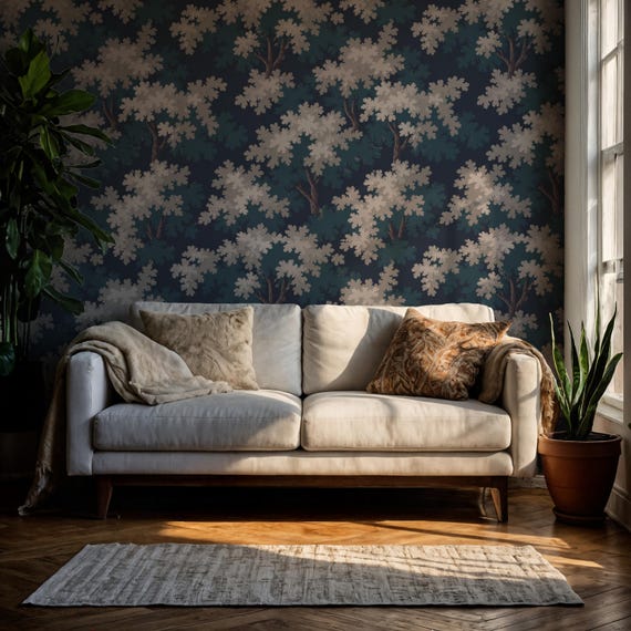 Dark Botanical Forest  Wallpaper - Navy Teal Moody Woodland Wall Mural