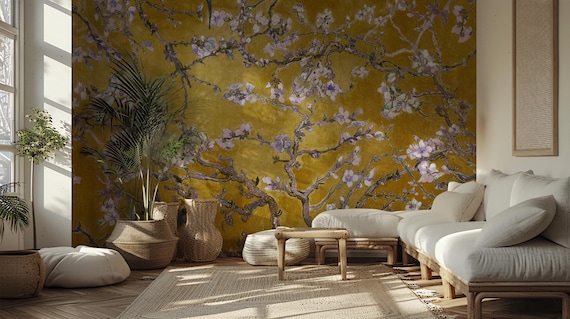 Van Gogh Almond Blossom Wallpaper -  Gold Nature Floral Botanical Peel and Stick Wall Mural