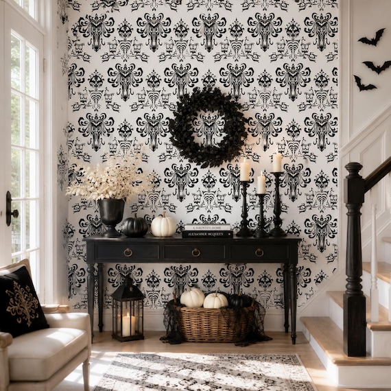 White Haunted Mansion Wallpaper Mural, Ghostly Horror House, Peel and Stick