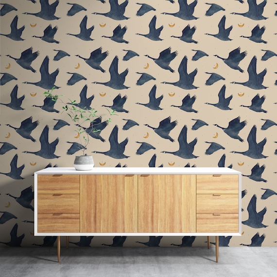 Watercolor Cranes Night Flight Wallpaper, Crane Birds Patterned, Traditional and Peel and Stick Wallpaper