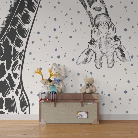 Minimalist Hand Drawing Giraffe Wallpaper, Modern Black and White Giraffe Wall Art, Cute Kids Room Nursery Decor, Peel and Stick Wallpaper