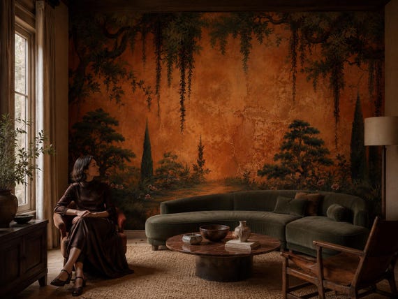 Orange Forest Grove Wallpaper - Botanical Garden Wall Mural, Rustic Fresco Peel and Stick