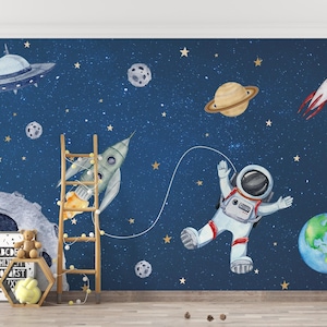 Carta da parati con astronauti e pianeti ad acquerello, carta da parati tradizionale e stacca e attacca