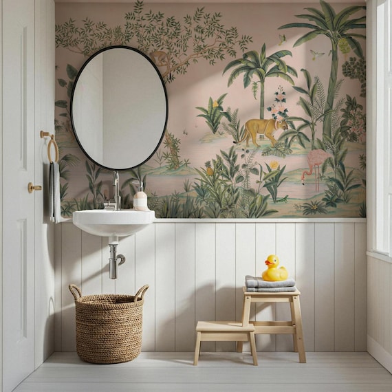 Tropical Pink Jungle Wallpaper Mural: Flamingo, Tiger, Botanical Palm Beach