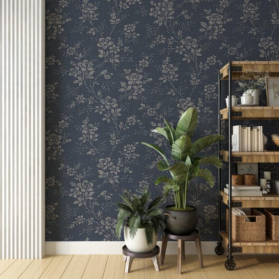 Dark Blue Tendrils Vintage Wallpaper for Boho Home Decor, Floral Blue Pattern, Traditional and Peel and Stick Wallpaper