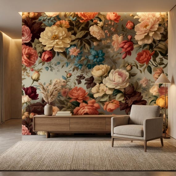 Vintage Floral Wallpaper - Romantic Large Peony Rose Peel and Stick Wall Mural