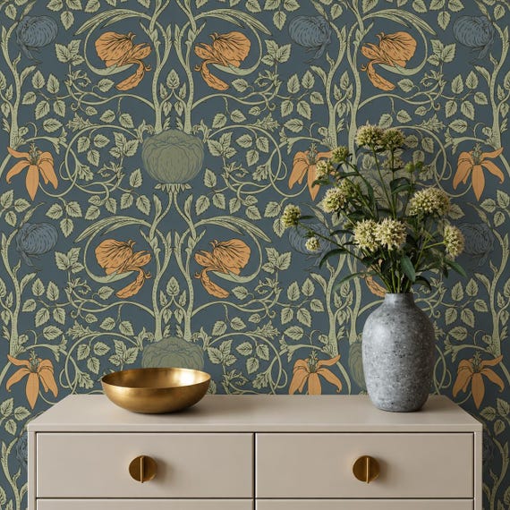Arts Crafts Wallpaper - William Morris Style Dark Teal Botanical Wall Mural