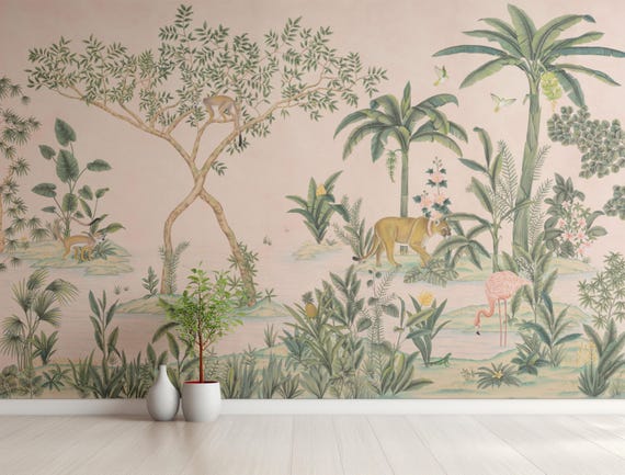 Palm Beach Tropical Jungle Wallpaper – Flamingos, Exotic Animals & Pink Forest Landscape, Botanical Design for Peel and Stick or Traditional