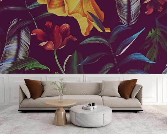 Dark Tropical Leaves Wallpaper, Large Leaves Wall Mural, Traditional and Peel and Stick Wallpaper