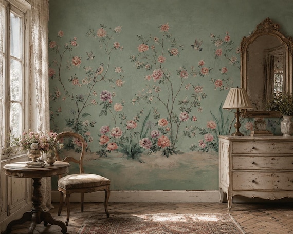 Green Floral Chinoiserie Wallpaper - Vintage Garden Rose Bird Peel and Stick Wall Mural