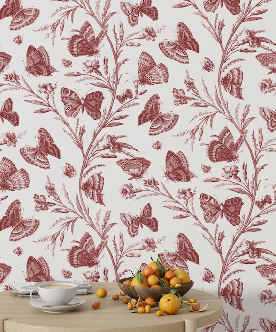 Vintage Butterfly Wallpaper Mural, Botanical Garden Insect Wall Art, Romantic Red and White Butterfly Pattern, France  Toile de Jouy